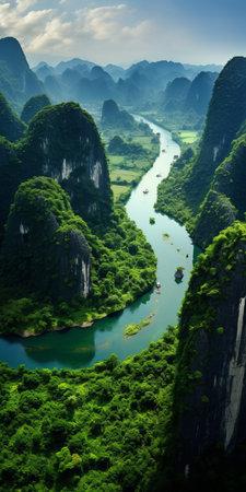 the luong river in xiamen, vietnam, captured in a photograph reminiscent of kerem beyit's style. the river shines in shades of dark emerald and light emerald, showcasing nature-based patterns. this artwork draws inspiration from the art of tonga and incorporates futurist claims, resulting in a pristine naturalism. (54 words), ai generatedの素材