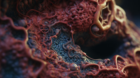 a close-up photo of a highly detailed organ, resembling a zbrush creation. the organ showcases vibrant red cells, while the intricate anatomy is captured with the zeiss batis 18mm f2.8 lens. rendered in maya, the photo features a unique squiggly line style, with texture-rich compositions and mesmerizing swirling vortexes. ai generatedの素材