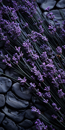 colorful purple flowers on rocks, featuring dark compositions and monochromatic imagery. the flowers are made of rubber, creating detailed miniatures with a combination of light purple and black hues. this close-up shot beautifully merges natural and man-made elements, resulting in a visually captivating scene. ai generatedの素材