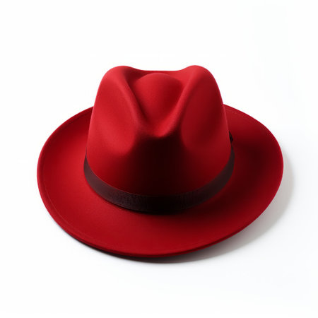 a red fedora with a buckle, in the style of a white background, showcases intense color saturation. the photo features back button focus and embodies the essence of goblin academia. the monochromatic color schemes and the use of fujifilm eterna vivid 500t film create a vibrant play of light and shadow. ai generatedの素材