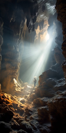 a person gazes into the mesmerizing light inside a cave, reminiscent of a national geographic photo. this epic fantasy scene captures the essence of cambodian art and the captivating work of michael shainblum. the photo showcases a stunning combination of light amber and gray tones, with ethereal god rays illuminating gravity-defying landscapes. ai generatedの素材