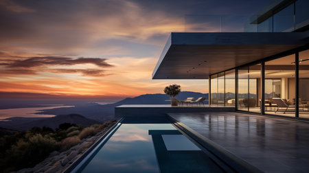 the photo captures the top of a white modern concrete home, with an abstract design, overlooking a breathtaking ocean at sunset. the image is reminiscent of unreal engine graphics and phoenician art, showcasing mountainous vistas. the composition also features elements of poolcore aesthetics, with saturated pigment pools creating a moody and tranquil scene. ai generatedの素材