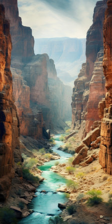a stunning national geographic photo capturing a canyon with a beautiful river flowing through it. the rustic scenes and rough hewn surfaces create a spectacular backdrop. the light cyan and amber tones, along with the light turquoise and light red accents, add to the mesmerizing beauty of this image. the smokey background adds an intriguing touch. ai generatedの素材