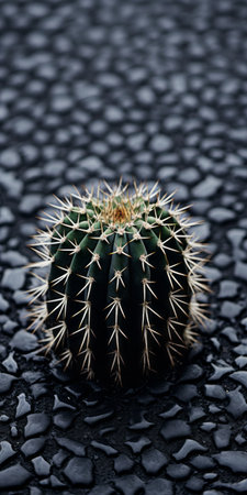 a cactus is seen growing on a bed of black shingle in this tabletop photograph. the image showcases visually tactile surfaces and sustainable design. captured with a voigtlander bessa r2m camera, the dark gray and black tones create a soft focus effect. ai generatedの素材