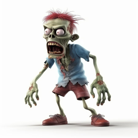 a highly detailed zombie with red hair and white sneakers is depicted in the style of light purple and green, known as sumatraism. the zombie is set against a white background, showcasing its strong facial expression. the color palette includes light green and dark blue, creating a bombacore aesthetic. ai generatedの素材