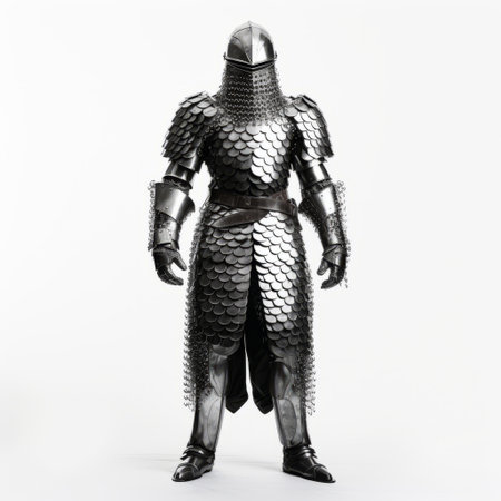 armoured knight in a metal costume, reminiscent of the style from 1860-1969, captured in a striking black background photo. the knight's attire is made of aluminum and features a woven-perforated design. the image showcases influences from the artistic movements of dau al set and cobra. the knight stands against a clean white background, adding contrast and depth. shot using fujifilm acros film. ai generatedの素材