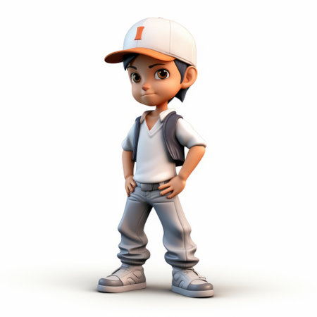a cartoon character with hyper-realistic details stands with his arms crossed. the character is lit with a combination of white and orange light, giving a vibrant and youthful appearance. this hispanicore protagonist is rendered in maya, showcasing the intricate tachisme style. ai generatedの素材