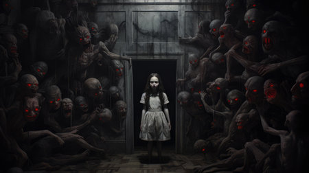 a woman stands in front of a towering wall of monsters, creating a haunting and captivating image. the photorealistic renderings of the monsters against the dark gray background evoke a sense of mystery and intrigue. the use of the samyang af 14mm f2.8 rf lens adds depth and detail to the scene. the overall composition combines elements of cabincore and child-like innocence, reminiscent of necronomiconの素材