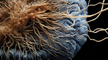 a blue blooded brain, reminiscent of patrick dougherty's style, is showcased in this national geographic photo. surrounded by blue stem cells, the image captures intricate textural details in dark blue and light beige tones. shot on 70mm, the composition pays homage to constructivist roots while maintaining naturalistic proportions. ai generatedの素材