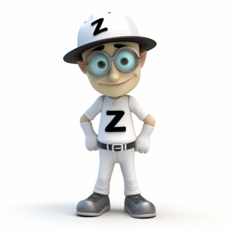 a 3d cartoon character, inspired by the style of zeiss ikon zm, is depicted wearing a baseball cap, glasses, and holding a bat. the character is also seen holding a white baseball catcher's hat. with detailed costumes and an emotive expression, this youthful protagonist captures the essence of zack snyder's vision. the overall design is influenced by zen-inspired aesthetics. ai generatedの素材