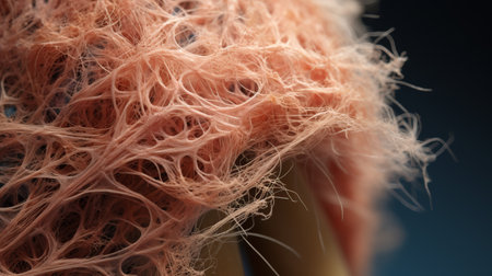 close up of hair on a black background, resembling soft sculpture. shot with fujifilm pro 800z film, the colors of light orange and pink create a distressed aesthetic, imitating ruined materials. the hair appears knitted and crocheted, adding texture to the image. captured using the petzval 85mm f22 and zeiss batis 18mm f28 lenses. ai generatedの素材