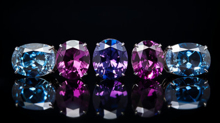 a photograph of a ring featuring blue and pink colored gemstones, captured in the style of ultraviolet photography. the ring is rounded and adorned with dark magenta and white hues. the image, taken with a nikon d750 by charles spencelayh, showcases a toning technique that enhances the dark magenta and gray tones. ai generatedの素材
