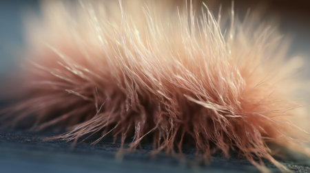 fuzzy pink hair on a metal table with a dark background, rendered in cinema4d. the macro zoom captures the elongated forms of the hair, showcasing its intense texture. the light brown and beige tones add depth to the detailed feather rendering. shot with a wollensak 127mm f47 ektar lens, this photo is a stunning display of intricate details. ai generatedの素材