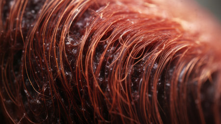 a woman at the salon with hot red hair color, captured in a high-quality photo using the laowa 100mm f/2.8 2x ultra macro apo lens. the image showcases a densely textured and haptic surface, resembling rusty debris, with organic abstractions. inspired by the work of ray collins, the photo also features water drops for added visual interest. ai generatedの素材