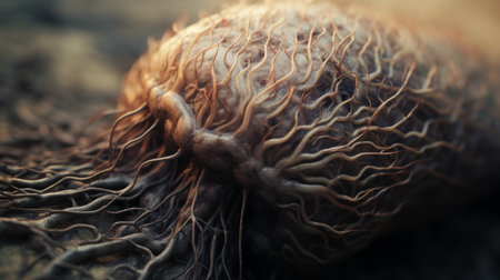 a small, darkish green bug with roots is captured in a close-up photo, resembling the style of rendered in cinema4d. this unique image draws inspiration from artists like serge marshennikov, ursula von rydingsvard, and the exploration of alien worlds. the texture exploration and sepia tone add depth and intrigue to this fascinating composition. ai generatedの素材