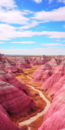 a high-quality photo of the new dakota badlands national park in north dakota showcases a stunning pink landscape. the image, captured in the style of psychedelic surrealism, features polychrome terracotta formations and post-apocalyptic backdrops. the vibrant colors of silver and magenta, reminiscent of psychedelic-inspired art, are enhanced by the use of fujifilm velvia film. ai generatedの素材