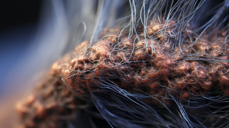a close-up photograph capturing the unique growth of a hair resembling a needle, showcasing gritty textures. shot with the zeiss batis 18mm f2.8 lens, the image showcases tangled nests of hair in vibrant orange and navy colors. inspired by the works of rosalba carriera, the photograph is taken using fujifilm pro 800z film, resulting in ultrafine detail. ai generatedの素材