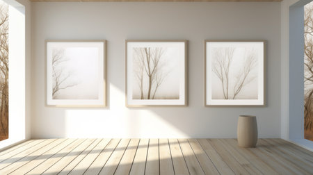 a 3d tiling room showcases three gray framed equpians of trees behind a table. inspired by the style of ildiko neer, the room features minimalist backgrounds, soft and dreamy depictions, and a warm tonal range. the precisionist lines and light white and light brown colors create a serene atmosphere, reminiscent of rural landscapes. ai generatedの素材
