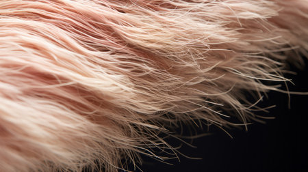pink fluffy hair with a black background, captured using the zeiss batis 18mm f2.8 lens. the organic material showcases a combination of light brown and silver tones, while the attention to detail highlights the texture of fur and feathers. the flowing lines and hyper-realistic details make this photo truly captivating. ai generatedの素材