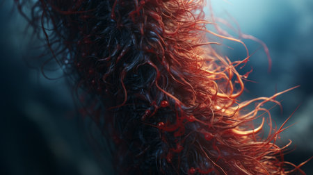 a 3d digital painting titled "lulus tulisatos" by karl rzeczy showcases flowing textures and supernatural creatures. created using unreal engine 5, this artwork exudes a dark red color palette and realistic hyper-detail. the close-up shots capture the chaotic energy and intricate details of the piece. ai generatedの素材