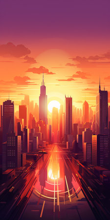 a vibrant cityscape at sunset, this landscape illustration captures the essence of city life in the style of chicago imagists. with a mix of light amber and crimson hues, this artwork showcases the iconic americana imagery. inspired by the rtx and dc comics, this illustration brings a vibrant and energetic feel, perfect for fans of furaffinity and vibrant illustrations. ai generatedの素材
