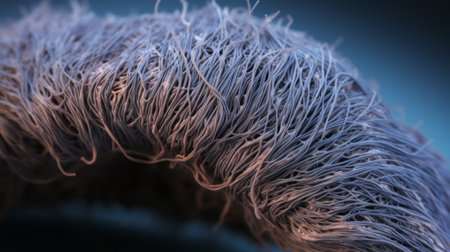 a close-up photo of a hairy frond of grey fur, rendered in cinema4d, showcasing tangled nests and intricate molecular structures. this photo-realistic still life captures the details with precision, highlighting the intel core processor. the color palette features a combination of light pink and dark blue, while the technique of focus stacking enhances the depth and clarity of the image. ai generatedの素材