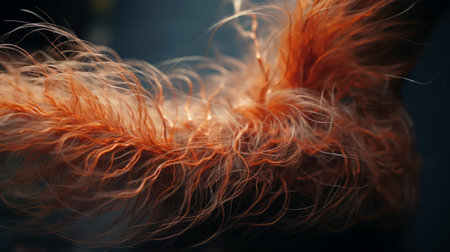 a small animal covered in vibrant orange feathers, captured in an ethereal and abstract style. the image showcases tangled forms and flowing fabrics, with a touch of vray tracing for added depth. the color palette includes light red and light indigo, highlighting the blink-and-you-miss-it details. this photo exudes a gritty reportage feel. ai generatedの素材