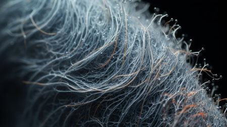 wolff's hair grows by night, captured with the laowa 100mm f/2.8 2x ultra macro apo lens. the image showcases the unique combination of polar ice cubes, gossamer fabrics, and intricate lines. inspired by gustave dor, the silver and orange tones create a hyperrealistic depiction of marine life. nacho carbonell's artistic touch adds an element of intrigue to this mesmerizing composition. ai generatedの素材