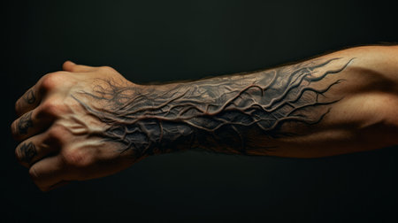 a man's arm showcases a highly detailed tattoo featuring twisted branches resembling digital manipulation. the tattoo incorporates grey and black roots, creating a dark bronze and black color scheme. captured in uhd with a ricoh gr iii, the undefined anatomy of the tattoo merges with intricate foliage, resulting in a captivating and visually striking design. ai generatedの素材