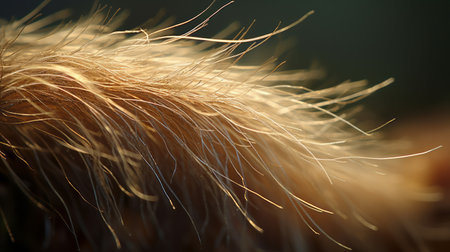 a hairy pet with long smooth hair, captured in the golden light using vray and zeiss batis 18mm f2.8 lens. this photo showcases nature-inspired abstractions and blink-and-you-miss-it detail. the fine feather details are reminiscent of the work of serge marshennikov. ai generatedの素材