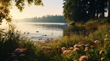 a serene sunset scene unfolds by a tranquil lake, adorned with vibrant flowers that gracefully line the water's edge. this captivating image captures the essence of naturalist aesthetics, showcasing the beauty of hazy landscapes and atmospheric woodland imagery. shot with a pentax k1000 and rollei prego 90, this uhd photograph exudes a cabincore vibe, inviting viewers to immerse themselves in the enchanting ambiance of nature.の素材