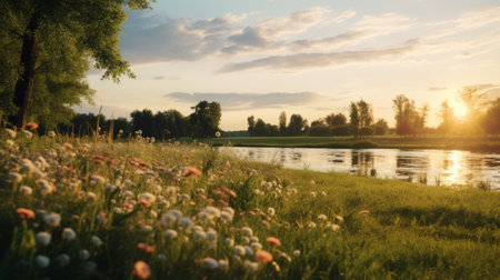 sunrise illuminating a lush grass field and the serene water in the background, captured in the iconic style of unreal engine 5. delicate flowers add a touch of beauty to this dutch and flemish-inspired scene. the physically based rendering and vray tracing techniques create a visually stunning and detailed image. ai generatedの素材