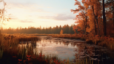 a river flowing through a field at sunset, rendered in the style of paulus potter and unreal engine. the light casts a beautiful mix of red and amber hues, creating a forestpunk atmosphere. this tender depiction of nature by win aaltonen showcases detailed hunting scenes. ai generatedの素材