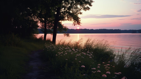 a serene pathway winds alongside a tranquil body of water, framed by lush green grass. this national geographic photo captures the beauty of nature in a light pink and amber color palette. the radiant clusters of colors, reminiscent of kodak vision2 250d film, create a peaceful and picturesque scene. this associated press photo showcases the serene pastoral scenes that evoke a sense of tranquility. shotの素材