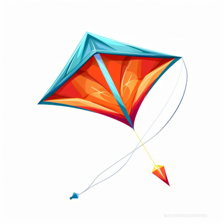 a vibrant and colorful kite gracefully floats against a clean white background. the artistic style features a captivating blend of dark orange and dark cyan gradients, seamlessly merging realistic and fantastical elements. the kite's design showcases a lively caricature, while strong diagonals and translucent planes add depth and intrigue. this composition is reminiscent of the dansaekhwa art movement. ai generatedの素材