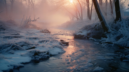 snow covered river on a cold day, captured in the hazy romanticism style. sunrays illuminate the scene, casting a light cyan and orange glow. this photograph by thomas wrede, taken with a nikon f3, beautifully depicts the realistic depiction of light. ai generatedの素材