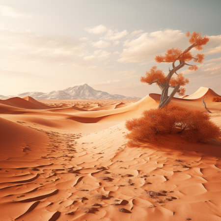 3d desert scene featuring sunlight, trees, a desert sky, and mountains in the style of traditional landscapes. the scene showcases a sandy area resembling the sahara, with a color palette of light red and amber. created using zbrush, the artwork embodies figurative naturalism and is inspired by romantic dramatic landscapes. shot with fujifilm provia, this piece captures the beauty of nature. ai generatedの素材