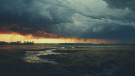 large clouds hang ominously in the sky over the river, creating a post-apocalyptic atmosphere. the emotive fields of color add to the moody and atmospheric lighting, reminiscent of a scene from a national geographic photo. captured with a graflex speed graphic, this image transports you to the southern countryside. ai generatedの素材