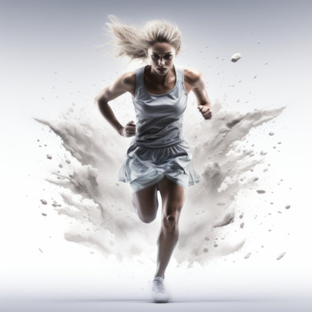 a woman is captured in motion as she runs on a white background, surrounded by splashes of water. the image showcases soft edges and atmospheric effects, creating a fragmented advertising aesthetic. this uhd image is created using zbrush and photo-realistic techniques, resulting in a neo-concrete art style with soft color blending. ai generatedの素材