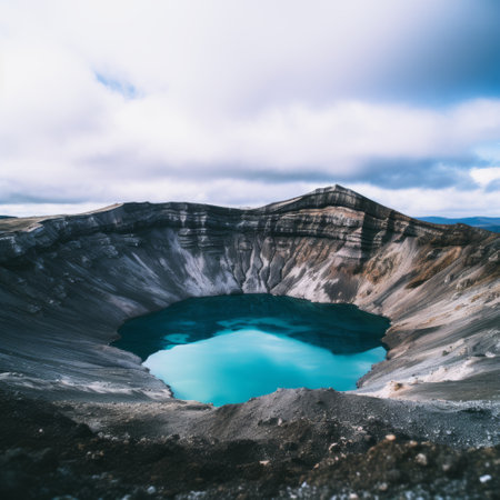 a stunning photograph captures a crater filled with a mesmerizing blue lake, surrounded by rocks resembling dark bronze and sky-blue hues. this documentary travel photography showcases the beauty of nature with the use of rim light and dramatic atmospheric perspective. shot with a voigtlander nokton 50mm f1.5 aspherical lens, the image has been enhanced through post-processing techniques. bjarke ingels. ai generatedの素材