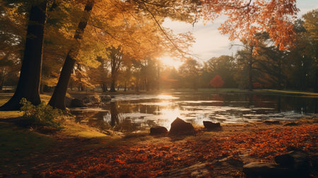 autumn wallpaper featuring a picturesque scene of trees and leaves, reminiscent of romantic riverscapes. this stunning image, captured using the unreal engine 5, showcases the artistic influence of valentin de boulogne. the backlit photography beautifully highlights the vibrant colors of the season. enjoy the ultra-high-definition quality of this uhd image, which evokes the charm of dutch landscapes, captured with a medium format lens. ai generatedの素材