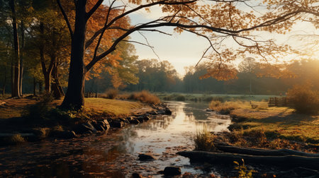 a stunning nature scenic photo captures the beauty of a river flowing through vibrant autumn green foliage. the image, taken in the style of a graflex speed graphic camera, showcases the serene charm of the southern countryside in rural america. bathed in golden light, this picture depicts the essence of rural life and is enhanced by nature-inspired installations. ai generatedの素材