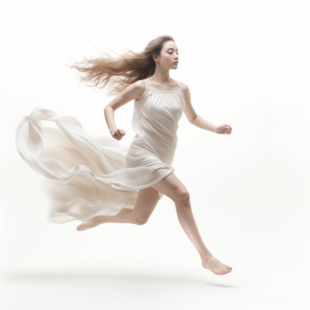 a young woman with long blonde hair is captured in an ethereal style, running gracefully. the image showcases light, white and flowing fabrics, creating a wimmelbilder effect. this stunning photograph is in 8k resolution and is an associated press photo, displaying hyperrealist qualities. ai generatedの素材