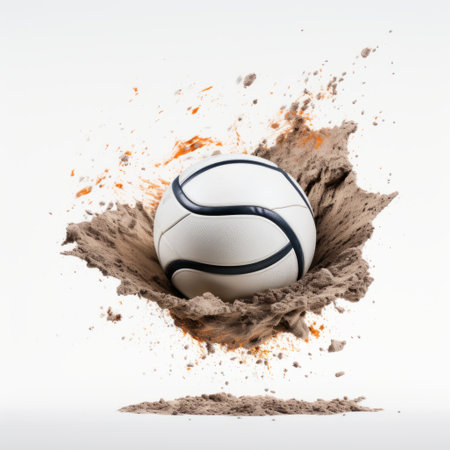 a soccer ball, captured in a hyper-realistic still life photograph, is depicted being thrown in the air. the image showcases a unique blend of industrial and product design elements, with an eye-catching composition. the minimal retouching highlights the explosive pigmentation of the ball, while the multi-layered compositions add depth. the overall effect is reminiscent of porcelain artistry. ai generatedの素材