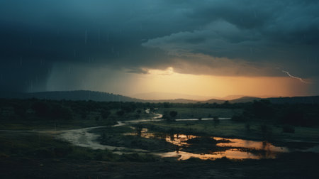 rainy river flowing over the horizon, captured in a time-lapse photography style with an african influence. the contrasting lights and darks create a visually captivating scene, while the narrative-driven visual storytelling adds depth. shot with a rollei prego 90, this pastoral landscape showcases a beautiful blend of light orange and indigo hues. ai generatedの素材