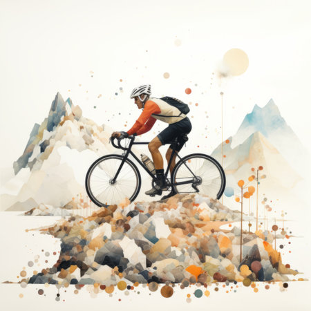 an anime boy rides his bike through breathtaking mountain landscapes, showcasing a unique blend of mixed media elements. the artwork features a combination of white and amber tones, with watercolor techniques bringing the landscapes to life. the installation creator has incorporated textured splashes and achieved a geometric balance, resulting in a high-resolution masterpiece. ai generatedの素材