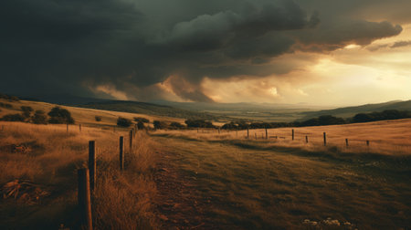 a large dark cloud dominates the sky, reminiscent of traditional british landscapes. the cloud showcases a blend of light orange and dark gold hues, creating a captivating visual. this photograph by mike campau captures the essence of lush landscape backgrounds, evoking the beauty of australian and british pastoral scenes with delicately rendered details. ai generatedの素材