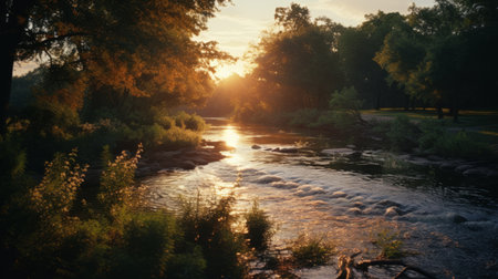 green leaves on a forest, resembling romantic riverscapes, captured with a graflex speed graphic camera in rural america. bathed in golden light, this national geographic photo showcases a pastoral landscape that utilizes the beauty of nature's foliage. ai generatedの素材