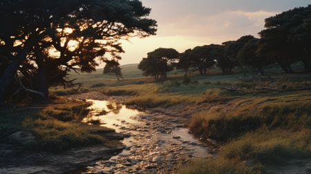 a stunning national geographic photo captured by john howe featuring a picturesque green field adorned with trees, reminiscent of romantic riverscapes. shot with a pentax 645n, the image showcases the golden light illuminating the pastoral settings. nora heysen's artistic touch adds an extra layer of beauty to this captivating scene. ai generatedの素材