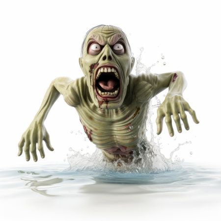 an animatronic water zombie, in the style of digitally enhanced, zombiecore, grotesque caricatures, is captured running in the water over a white background. this photo-realistic image showcases the creative commons attribution, with a color palette of light green and bronze. the facial expression of the water zombie is the main focus, emphasizing its eerie and haunting presence. ai generatedの素材